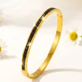Gold plated stainless steel bangle with elegant square black stone inlay for women - Gold Color With Black Zirconia Style (44-E-4)