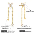 Gold plated butterfly tassel earrings in stainless steel with dimension and weight details. - Long Tassel Butterfly Zirconia Stud Earrings (JDE0211115)