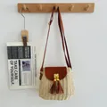 Vintage handmade straw woven crossbody bag with brown leather flap and tassel details - Bell Beige