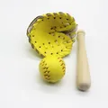 Miniature baseball keychain set featuring yellow leather glove, ball and mini wooden bat. - All Yellow Set