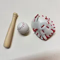 Miniature white baseball keychain set featuring a tiny wooden bat and leather glove - 3-in-1 White Ball White Red Glove