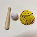 Miniature baseball keychain set featuring a wooden bat, white ball, and yellow glove - 3-in-1 White Ball Yellow Red Glove