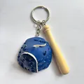 Miniature baseball keychain featuring a blue leather glove and a small wooden bat - 4.5CM Royal Blue Glove Long Bat Clasp