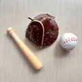 Miniature baseball keychain set featuring brown leather glove, wooden bat, and ball - 3-in-1 White Ball Coffee Glove