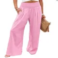 Women's summer high waisted wide leg casual trousers in vibrant pink linen fabric - S / Pink