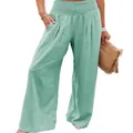 Stylish women's summer high waist wide leg casual trousers in a fresh light green shade - S / Emerald