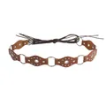 Retro American style rivet leather belt featuring metal rings and tie-up rope in brown - Bright Silver Camel