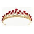 Elegante tiara da sposa dorata con rose rosse e cristalli bianchi scintillanti per feste - Corona di Rose Rosse
