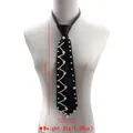 Elegant black satin necktie featuring pearl embellishments and zigzag bead design - Artificial Pearl Zigzag Decorative Style (N13892)