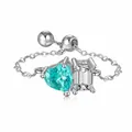 Adjustable silver chain ring with blue heart zircon and clear rectangular crystal. - Adjustable / Silver-Double Stone-Paraiba Heart & White Square
