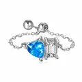 Adjustable silver chain ring with blue heart and rectangular clear zircon stones. - Adjustable / Silver-Double Stone-Blue Heart & White Square