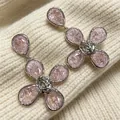 Elegant vintage pink flower drop earrings with a central silver rose on knitted texture - Pink Crystal Flower Earrings (2606100B)
