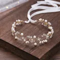Elegant gold wire bridal headband with white pearls and crystals on dark wood backdrop. - Rhombus Rhinestone Artificial Pearl Headband-Rose Gold