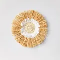 Boho style circular straw woven wall hanging decoration with white cotton fringe detail - Beige Cotton Tassel Style (25cm)