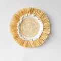 Handmade bohemian style round straw wall hanging decor with elegant white fringe - Three-layer Mixed Material Hanging (35cm)