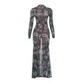 Vestido largo de sirena de manga larga con elegante estampado floral en verde oscuro - S / Verde Floral