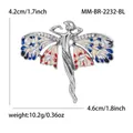Vista macro dettagliata della spilla ad ali di angelo retrò con smalto, cristalli e misure - Stile Angelo Vintage (MM-BR-2232) / Argento Antico Blu