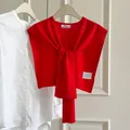 Elegant bright red lightweight wool knitted shawl poncho wrap accessory for women's styling - Red