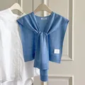Soft blue wool blend knitted shawl thin summer shoulder cape for women office wear - Sky Blue