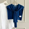 Elegant navy blue thin wool blend knitted shawl wrap for chic office wear layering - Navy Blue