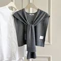 Elegant grey knitted wool-blend thin shawl shoulder wrap for women in a solid color design - Dark Gray