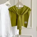 Olive green thin wool blend knitted shoulder shawl wrap for women - Light Green