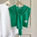 Bright green thin wool blend knitted shawl for women in a lightweight minimalist style - Cyan Green