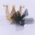 Pasador de corona oro rosa con purpurina y lazo de malla de lunares negros para niñas. - - / Pinza para el pelo de corona dorada (MC1554)