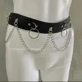 Detail view of black leather waist chain with silver rings and hanging chains. - Rose Red