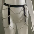 Black leather waist chain harness with triple silver metal layers on white mannequin. - Pink