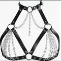 Gothic black faux leather body harness with silver metal chain tassel detail for women. - Milky White