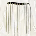 Stylish black leather waist belt featuring long silver fringe chains for women - White