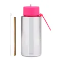 1L large capacity silver plated stainless steel water bottle with pink lid and straw - 1000ml / Fluorescent Rose Red + Plating Silver