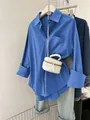 Casual bright blue button-down long-sleeved shirt with front pocket for women's wear - S / Royal Blue
