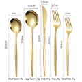 Golden stainless steel cutlery set size chart showing spoon knife fork dimensions. - Five-Piece Set / Gold