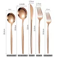 Rose gold stainless steel cutlery set showing detailed sizes for spoons, knife, and forks - Five-Piece Set / Rose Gold
