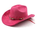 Leuchtend rosa Wildleder-Cowboyhut mit breiter Krempe und dekorativer Perlenverzierung - M(56-59CM) / Rosenrot (Mit Holzperlenband)