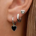 Set of three silver-tone heart earrings with black enamel charm and zircon pavé hoops. - Trendy Heart Earring Set (Silver) (JQH0190-191-192-Silver-3PCS)