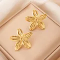 Elegant gold-plated stainless steel flower stud earrings with detailed petal textures - Gold 3D Petal Stud Earrings (BJGE1052)