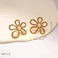 Elegant gold-plated flower-shaped titanium steel earrings with pearl center detail - Gold Woven Flower Artificial Pearl Studs (BJGE1743)