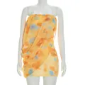 Elegant summer strapless pleated mini dress featuring a vibrant orange and blue tie-dye pattern - S / Yellow