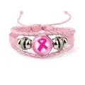 Pink braided leather bracelet featuring a pink ribbon glass charm for cancer awareness - Pink Ribbon Time Gem Style (12037016)