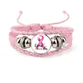 Pink braided leather bracelet with pink ribbon glass dome for breast cancer awareness - Pink-Breast Cancer Day (12037029)