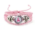 Pink Breast Cancer Awareness braided leather bracelet with pink ribbon glass charm - Pink-Awareness (12037014)