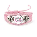 Handmade pink braided leather bracelet featuring Breast Cancer Awareness ribbon glass charm - Pink-We Long Haul (12037022)