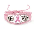 Handmade pink braided cowhide leather bracelet with breast cancer awareness ribbon charm - Pink Ribbon Glass Pendant Style (12037023)