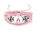 Pink braided leather bracelet featuring Breast Cancer Awareness ribbon design. - Pink-Awareness Month (12037030)