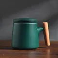 Modern dark green matte ceramic mug with vertical wooden handle and matching lid - Single Cup / Dark Green