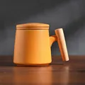 Minimalist orange ceramic mug with wooden handle and lid matte finish 3-piece set - Single Cup / Orange