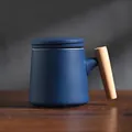 Elegant minimalist blue matte ceramic tea mug with ergonomic wooden handle and lid set - Navy Blue